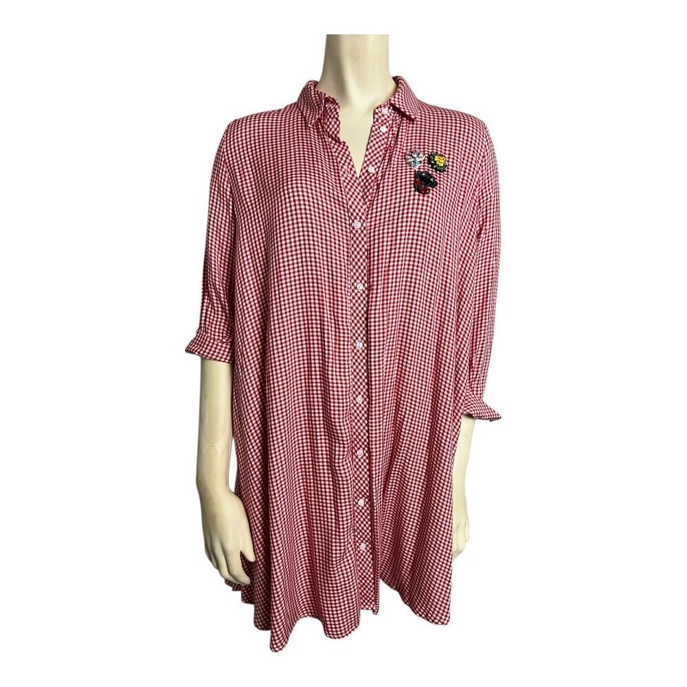 Zara Gingham Shirt Dress Red White Mini Button Front Long Sleeve XS Cottagecore